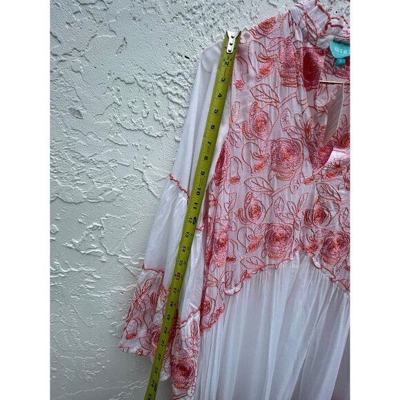 TAJ Sabrina Womens Long Sleeve Embroidered Floral St Barth Dress Red White S - Picture 8 of 11